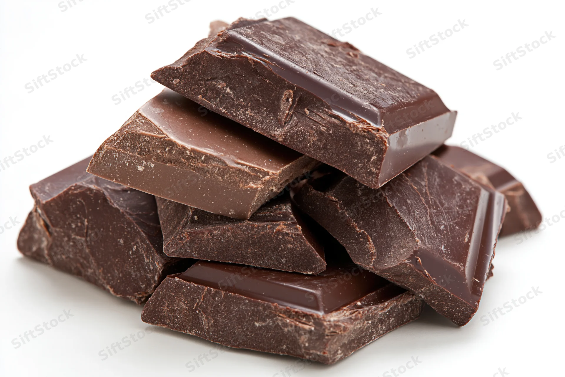 Broken dark chocolate chunks stacked loosely on white background