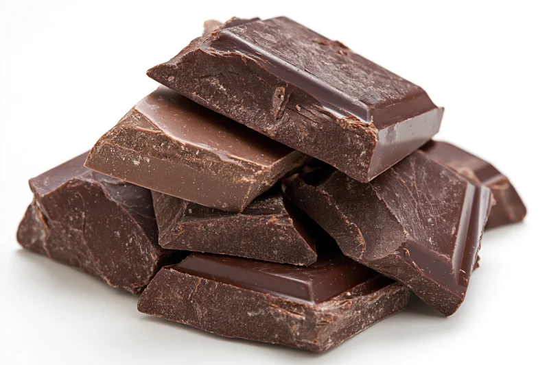 Broken dark chocolate chunks stacked loosely on white background