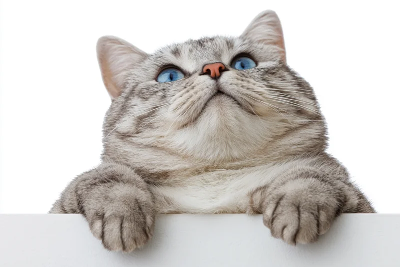 Silver tabby cat resting with front paws draped over white edge, looking up, isolated on white background