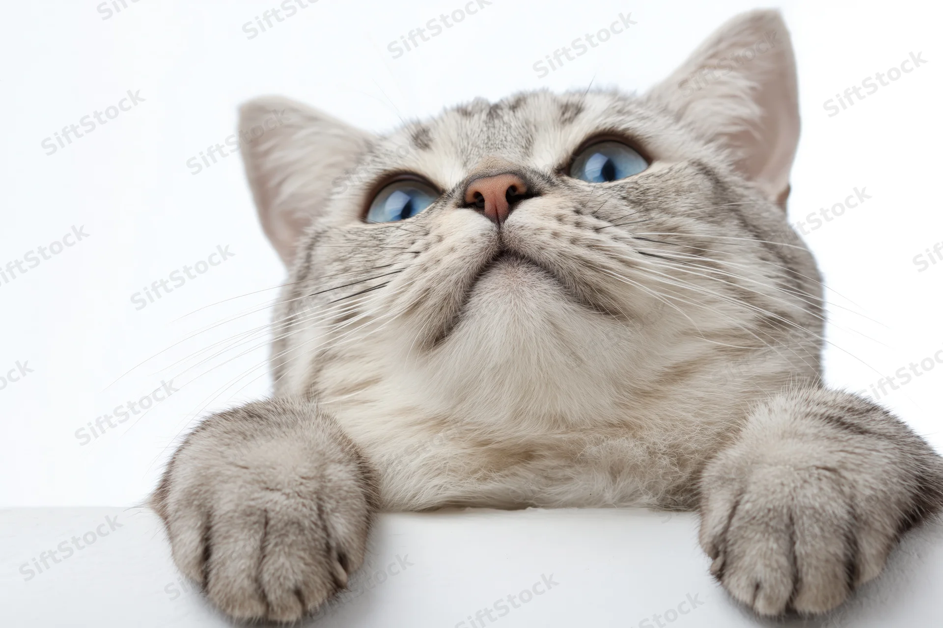 Silver tabby cat resting with front paws draped over a white surface, looking upward with blue eyes