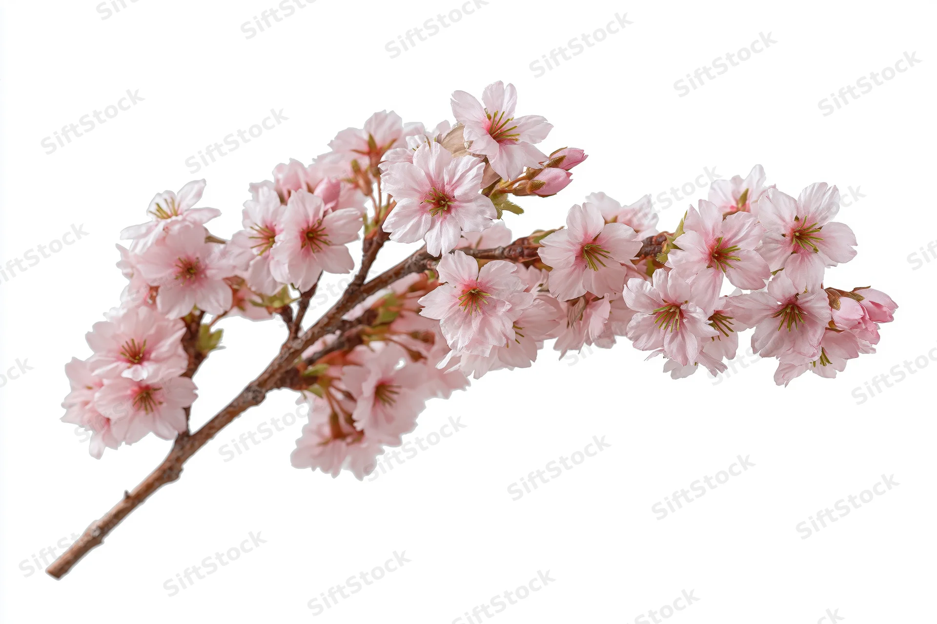 Cherry blossom branch with soft pink blooms isolated on white background