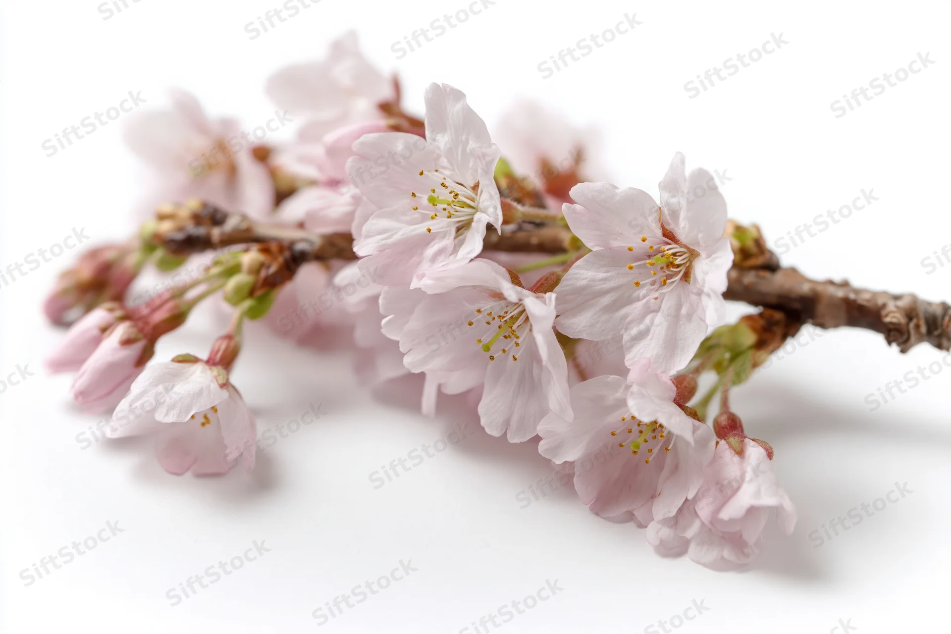 Cherry blossom branch with soft pink blooms isolated on white background