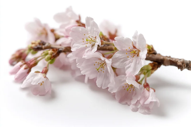 Cherry blossom branch with soft pink blooms isolated on white background