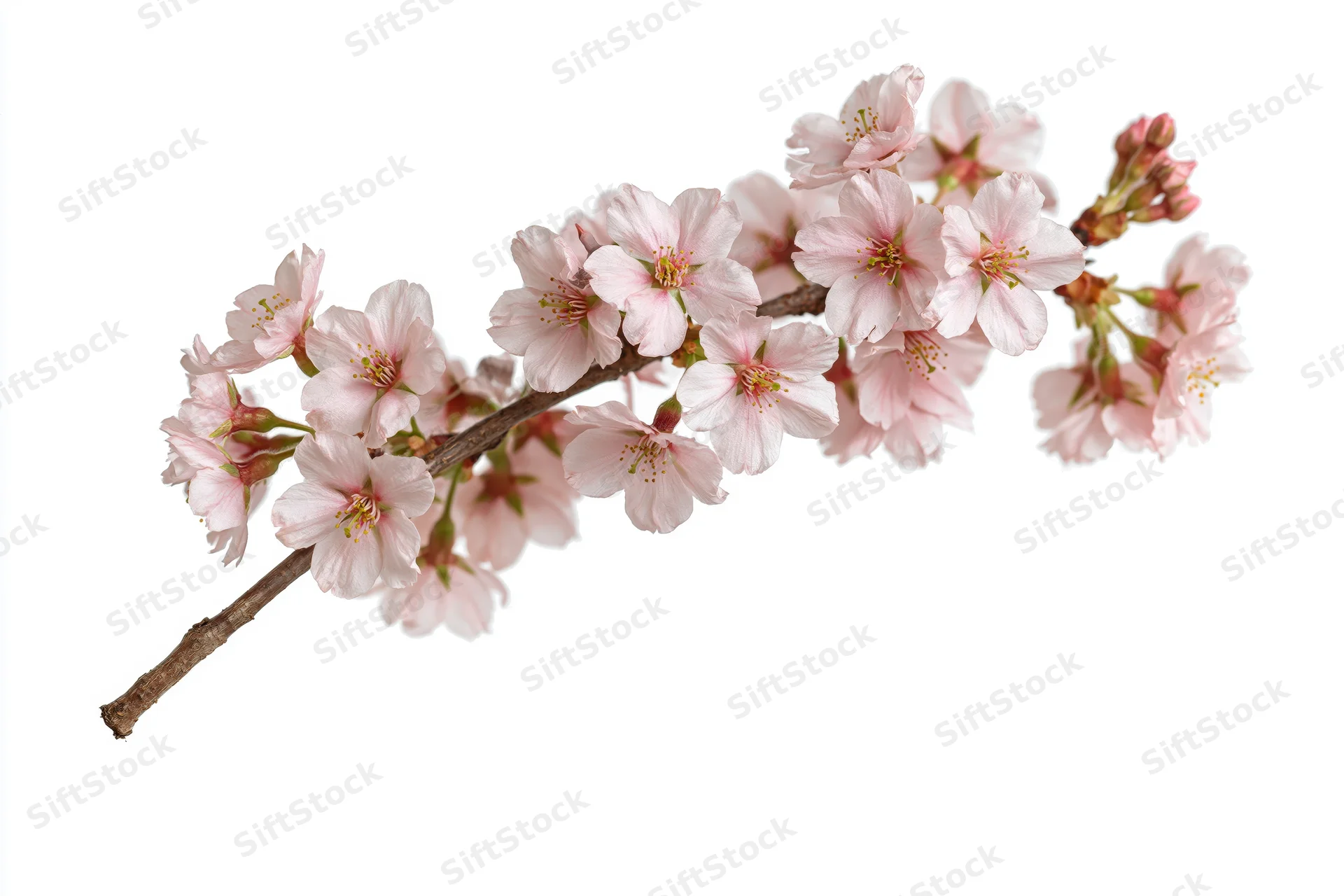 Cherry blossom branch with soft pink blooms isolated on white background