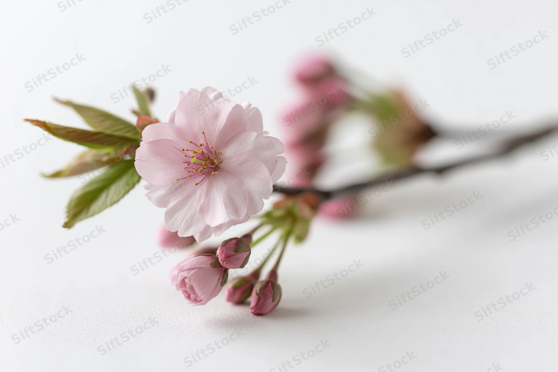 Cherry blossom branch with open pale pink flowers and buds on white background