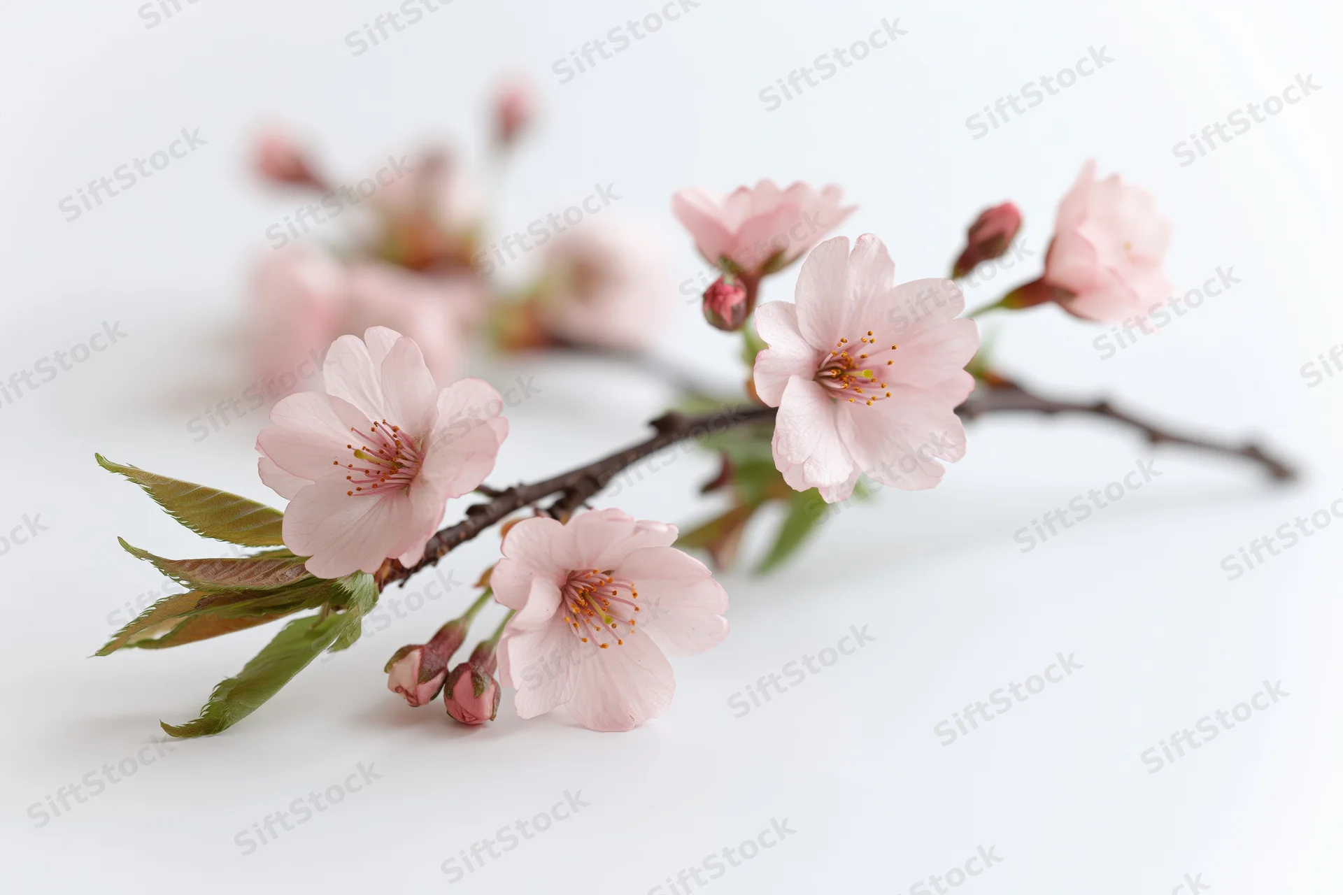 Cherry blossom branch with open pale pink flowers and green leaves on white background
