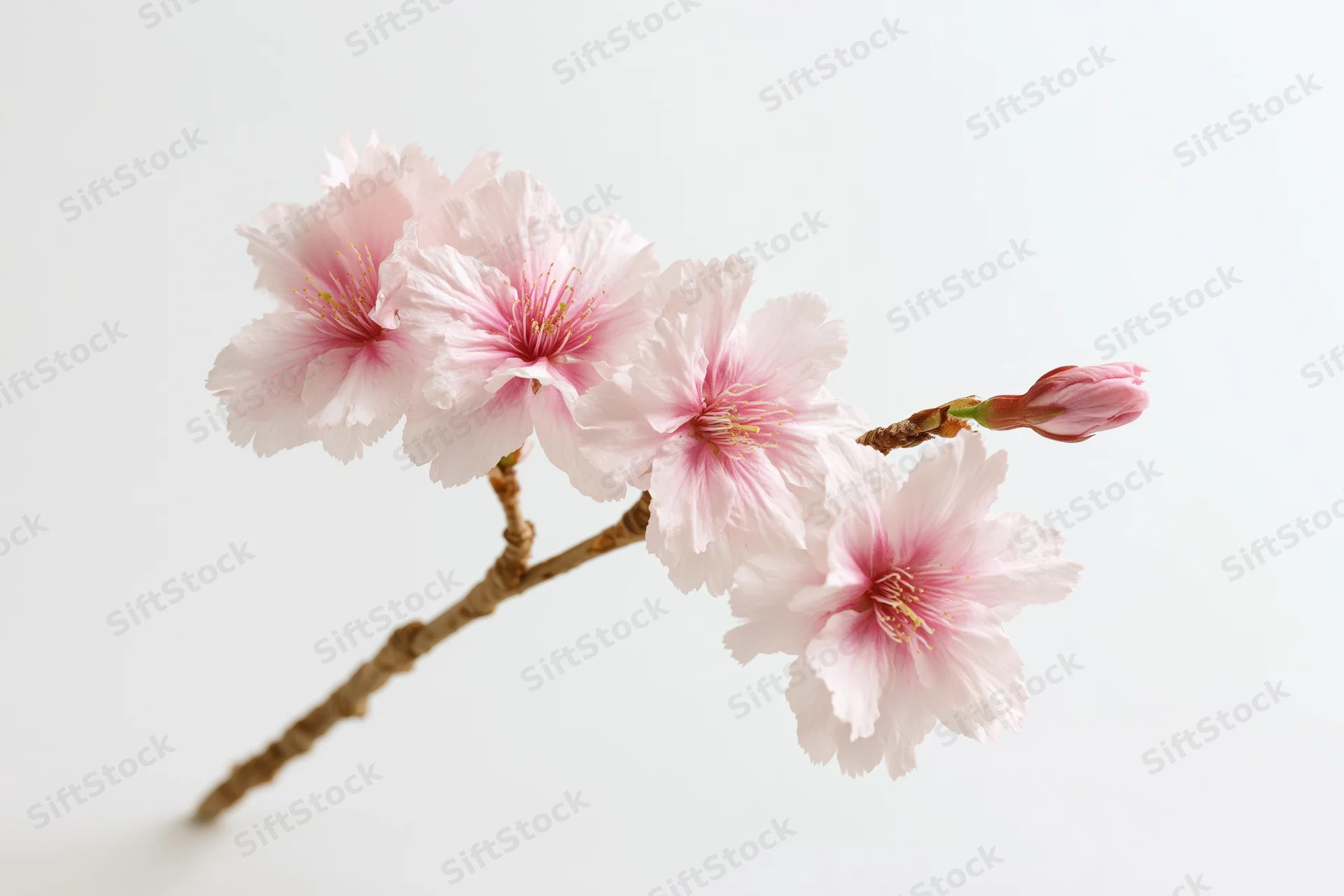 Cherry blossom branch with soft pink blooms and a bud against a white background