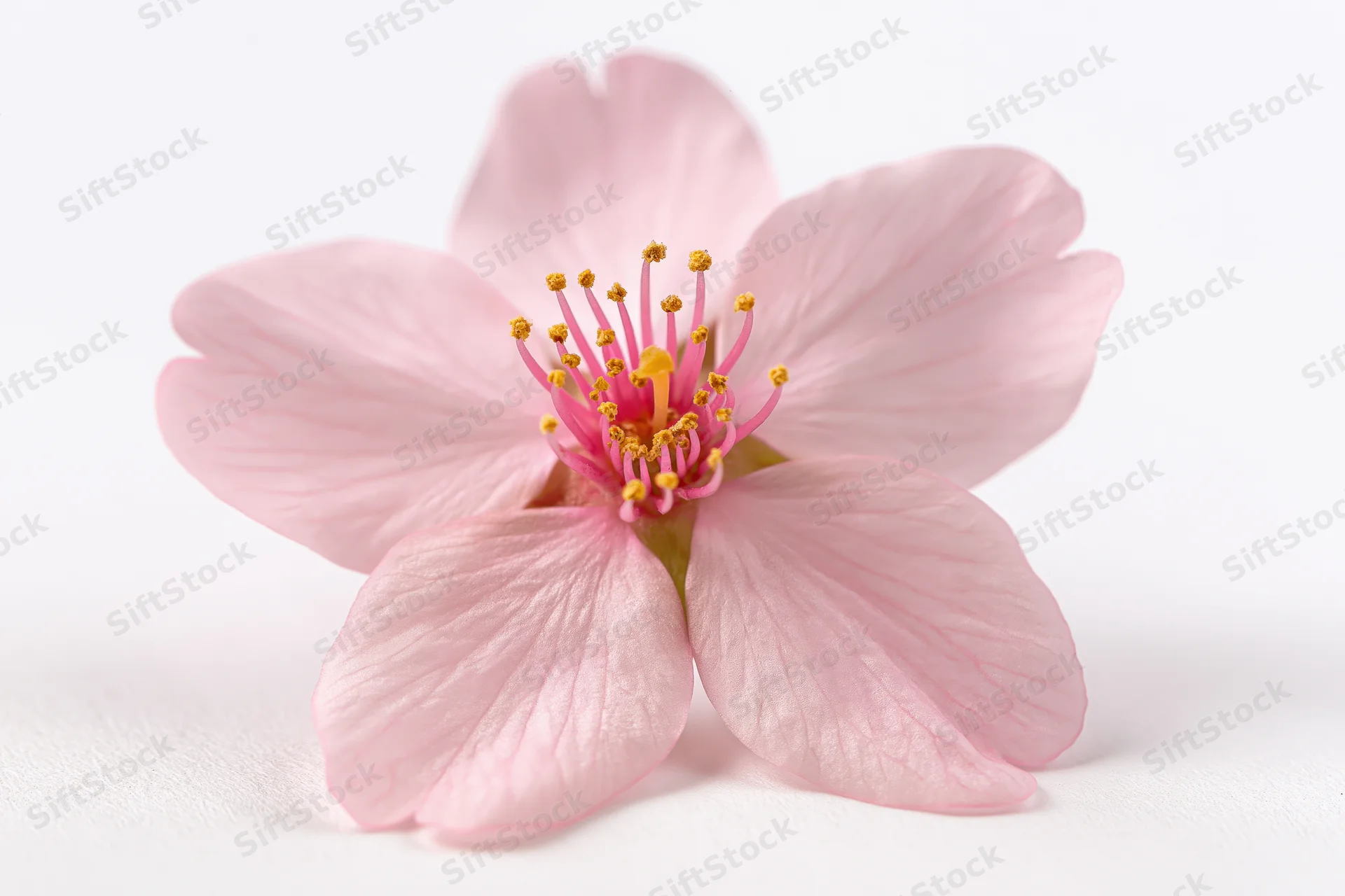 Single cherry blossom flower centered on white background