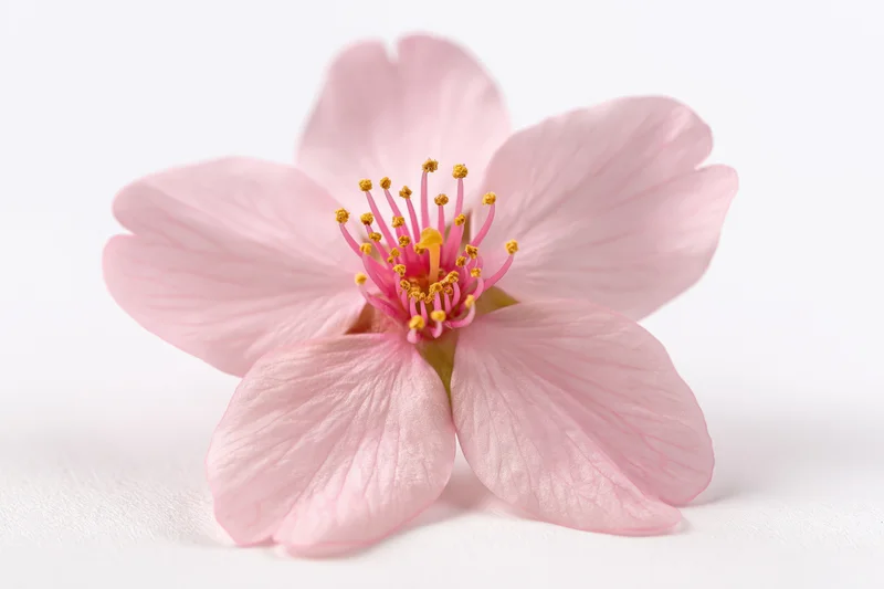 Single cherry blossom flower centered on white background