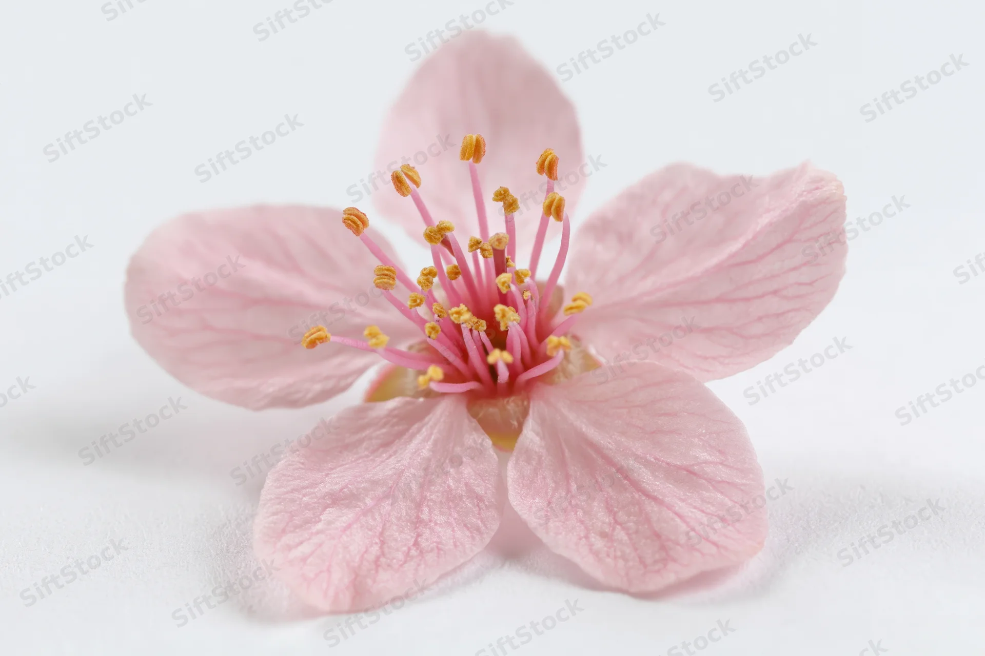 Single cherry blossom flower centered on white background in closeup view