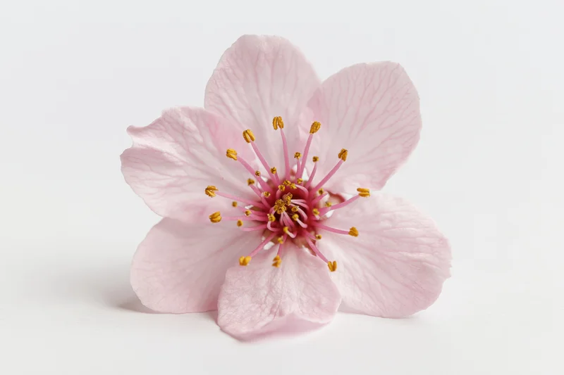Single cherry blossom flower centered on a white background