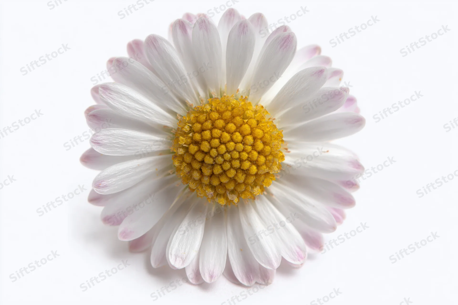 Single daisy flower viewed from directly above on white background