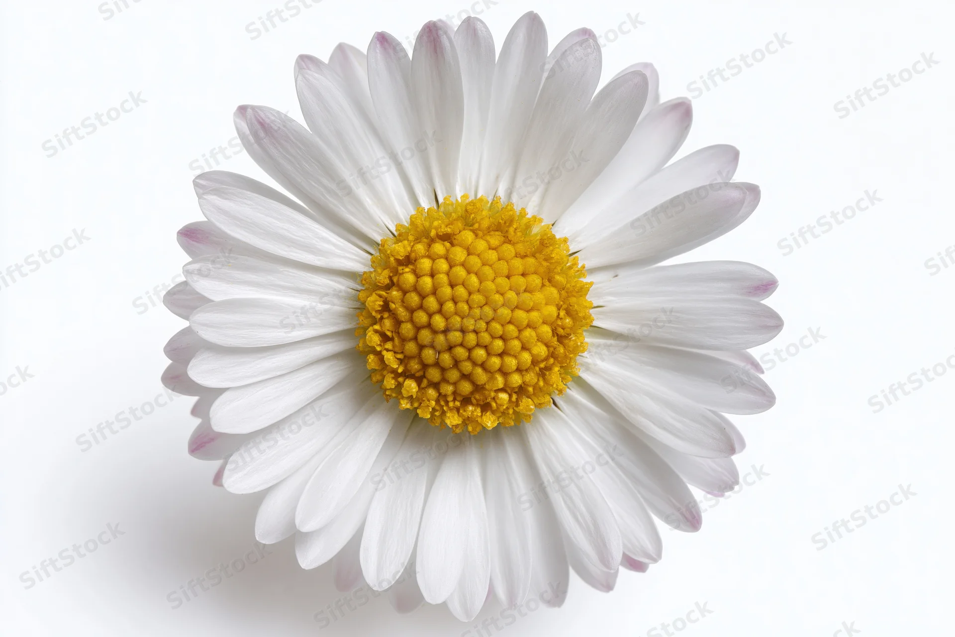 Single daisy flower viewed from directly above on white background