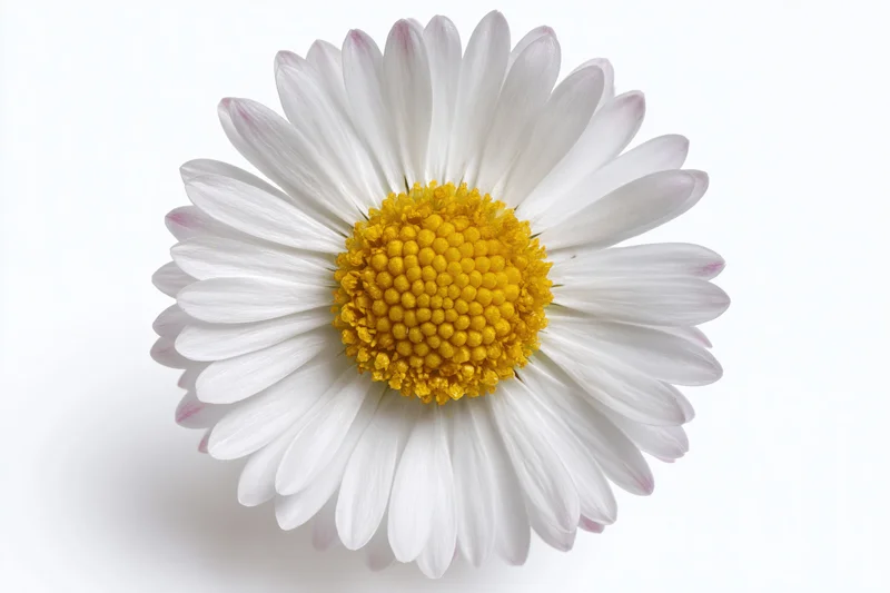 Single daisy flower viewed from directly above on white background