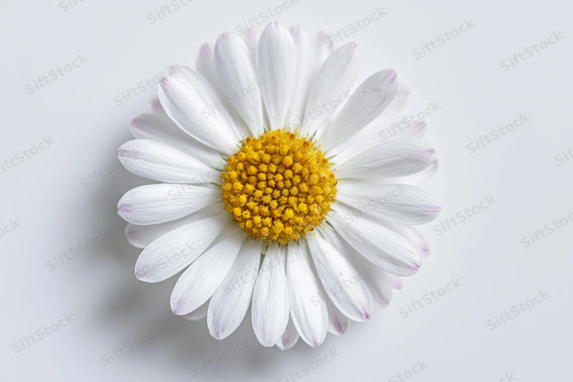 Single daisy flower viewed from directly above on a white surface