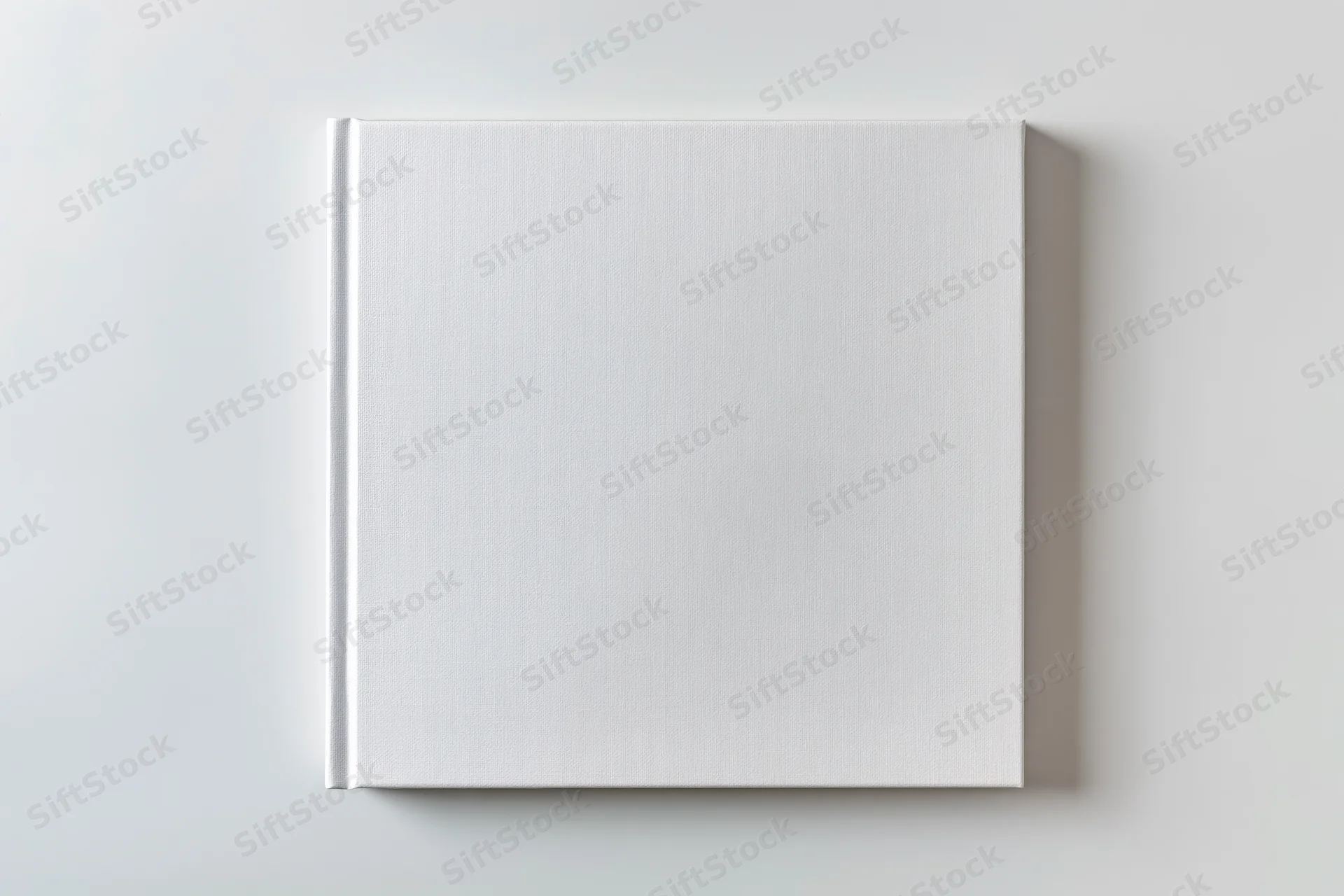 Square hardcover book with blank white cover lying flat on white surface