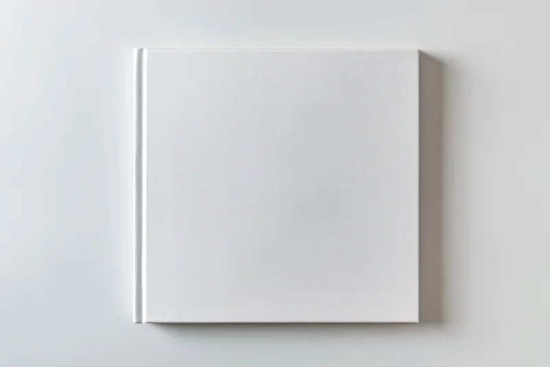 Square hardcover book with blank white cover lying flat on white surface