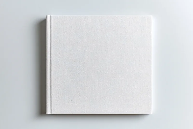 Square hardcover book with blank white fabric cover lying flat on light surface