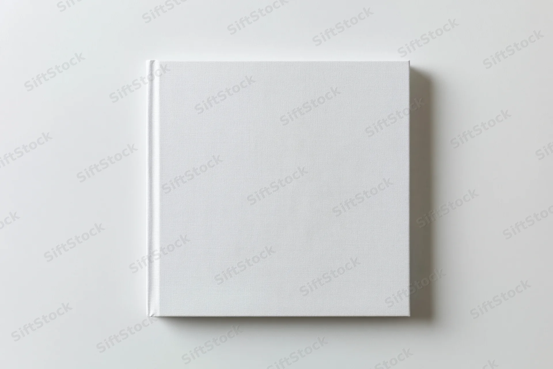 Square hardcover book with blank white cover lying flat on white surface