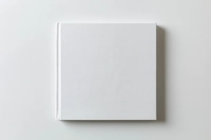 Square hardcover book with blank white cover lying flat on white surface