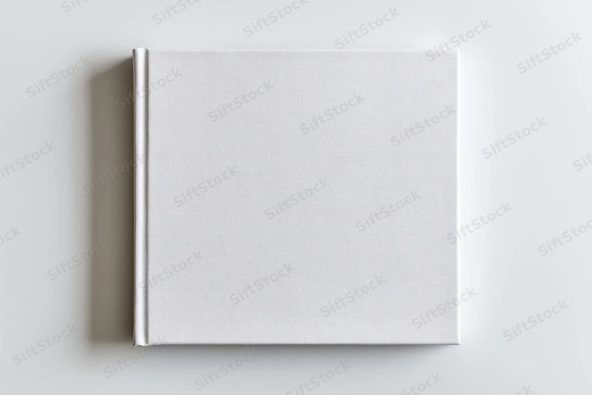 Square hardcover book with blank white cover lying flat on white surface