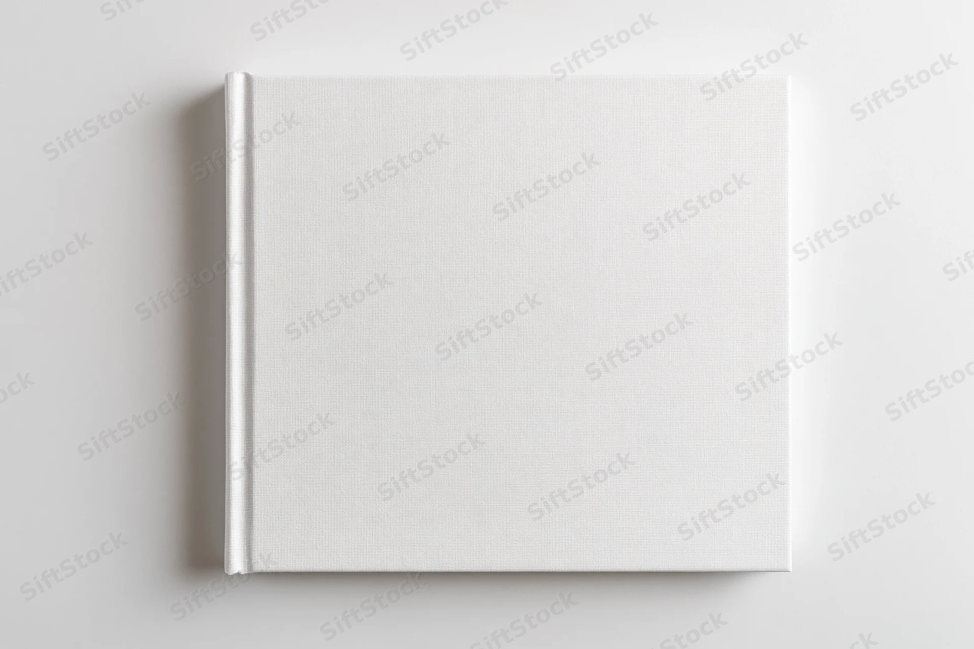 Square hardcover book with blank white cover lying flat on white surface