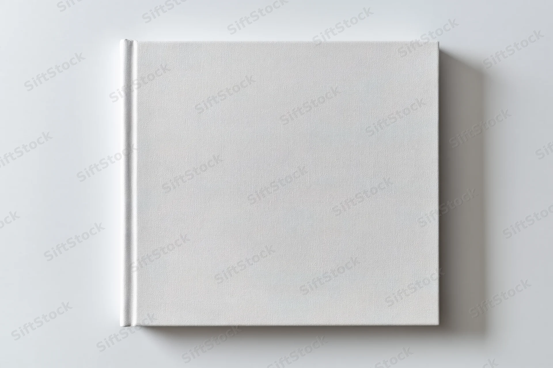 Square hardcover book with blank white cover on plain surface