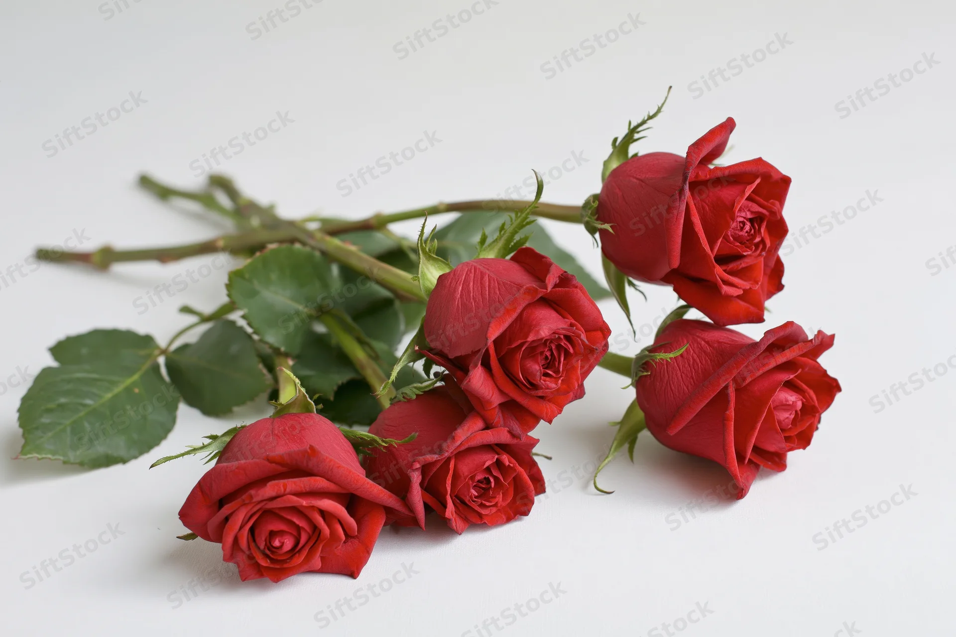 Six red roses with stems and green leaves lying loosely on a white surface