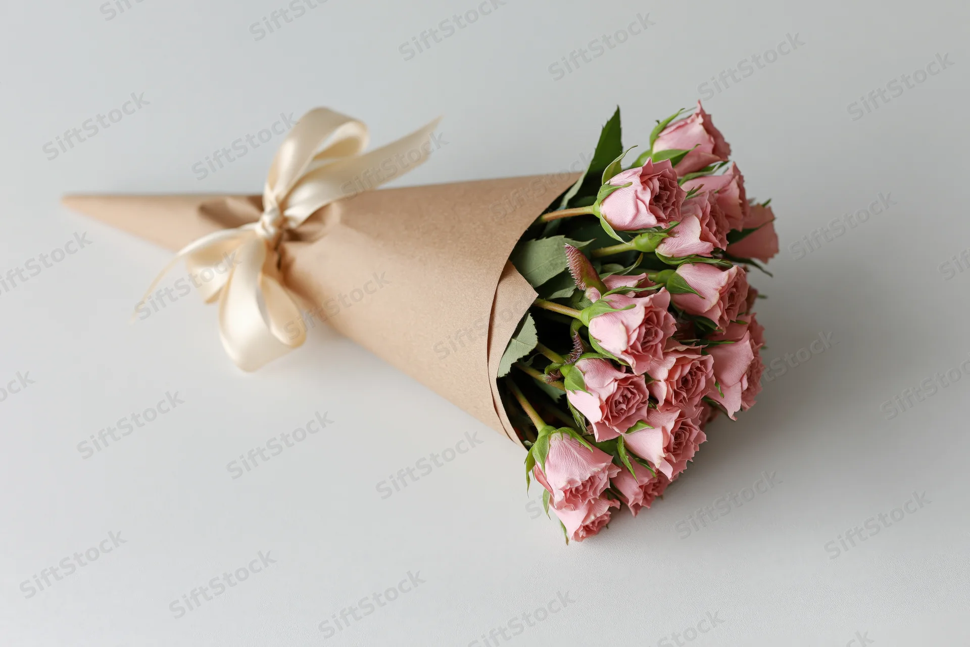 Small bouquet of pink spray roses wrapped in kraft paper cone with cream ribbon on white surface