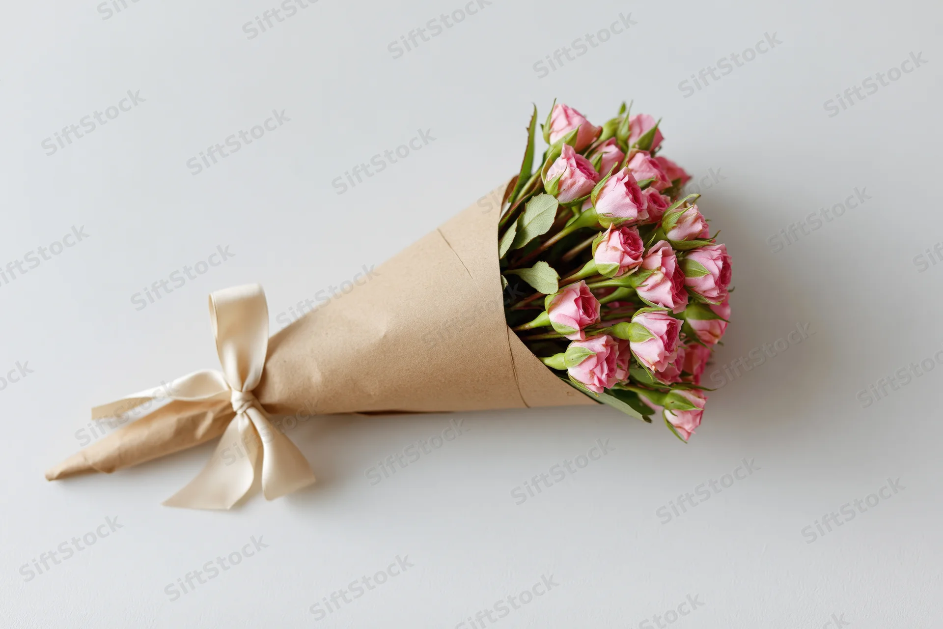 Small bouquet of pink spray roses wrapped in kraft paper cone with cream ribbon on white surface