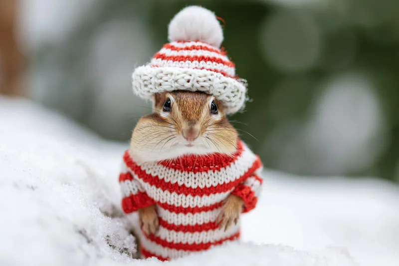 Chipmunk wearing red and white striped knitted hat and sweater standing in snow
