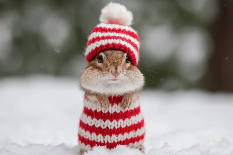 Chipmunk wearing red and white striped knit hat and sweater standing in snow