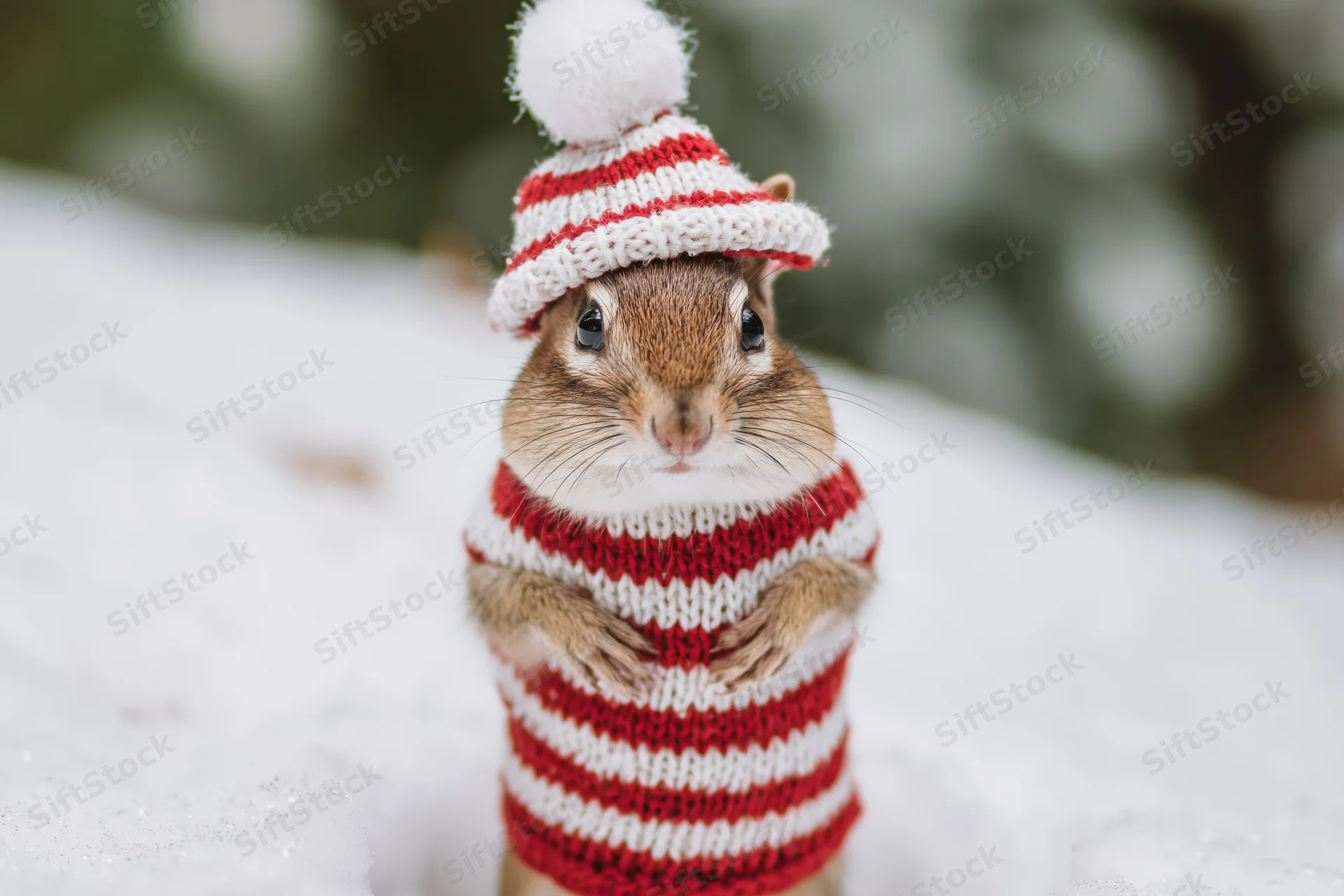 Chipmunk wearing red and white striped knit hat and sweater standing in snow