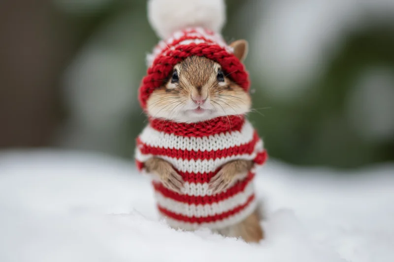 Chipmunk wearing red and white striped knit hat and sweater standing in snow