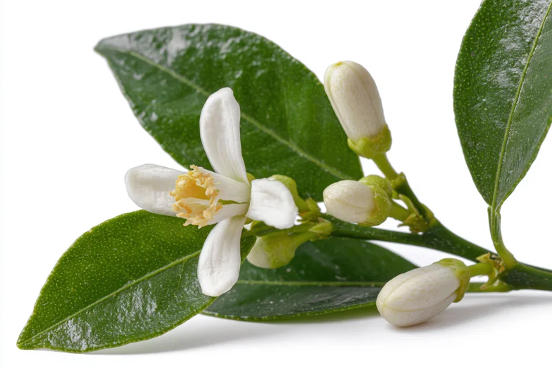 Citrus blossom branch with one open white flower and buds on green leaves isolated on white
