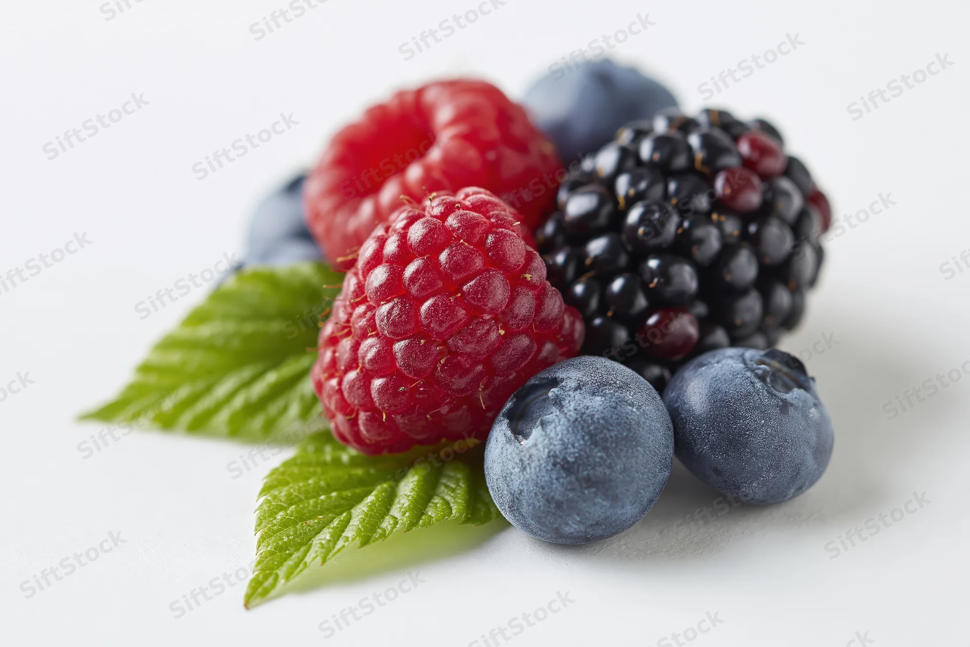 Cluster of fresh raspberries, blackberries and blueberries with green leaves on white surface