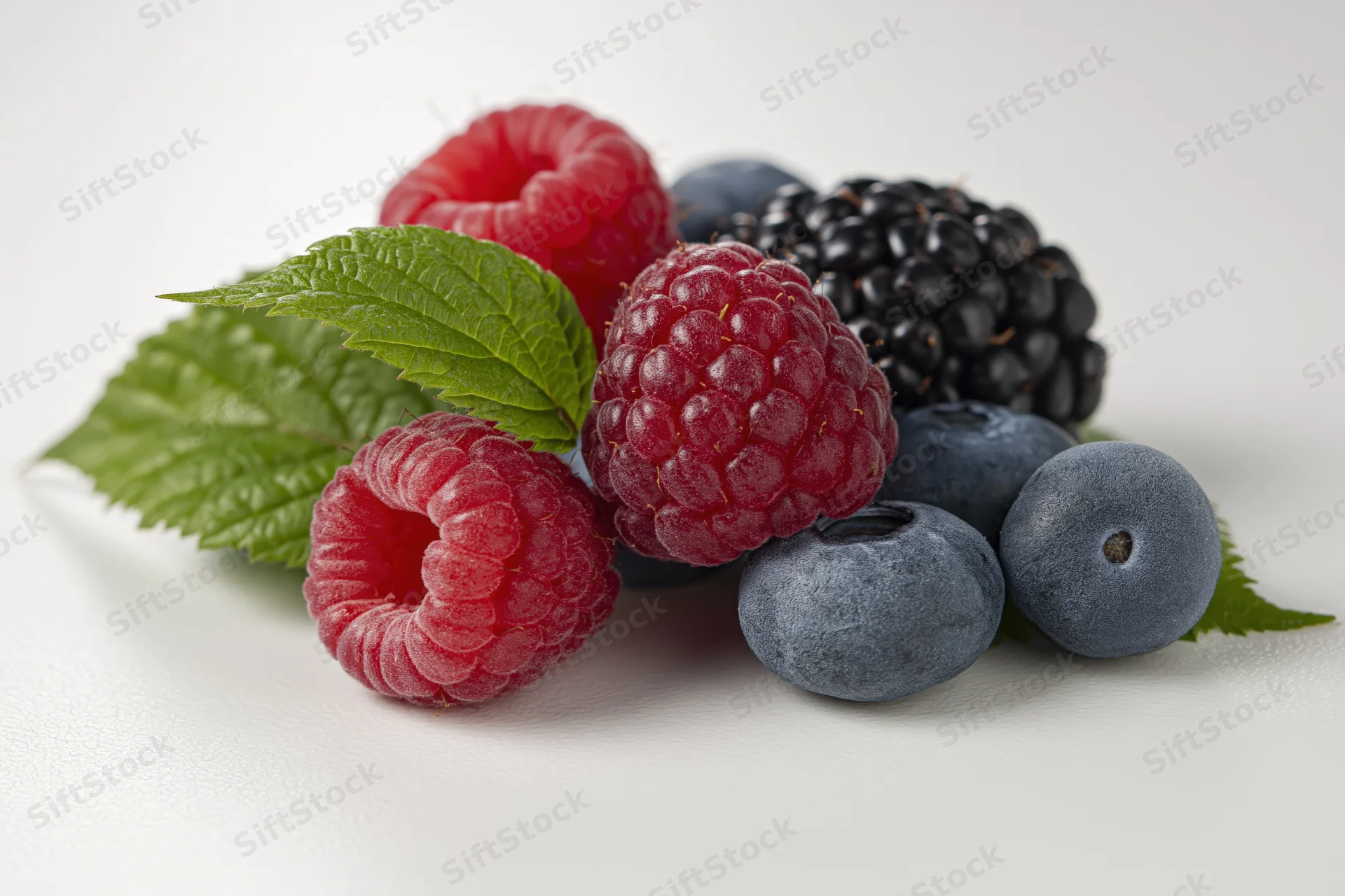 Cluster of fresh raspberries, blueberries, and blackberries with green leaves on white surface