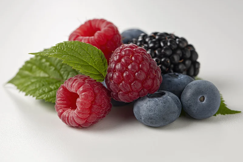 Cluster of fresh raspberries, blueberries, and blackberries with green leaves on white surface