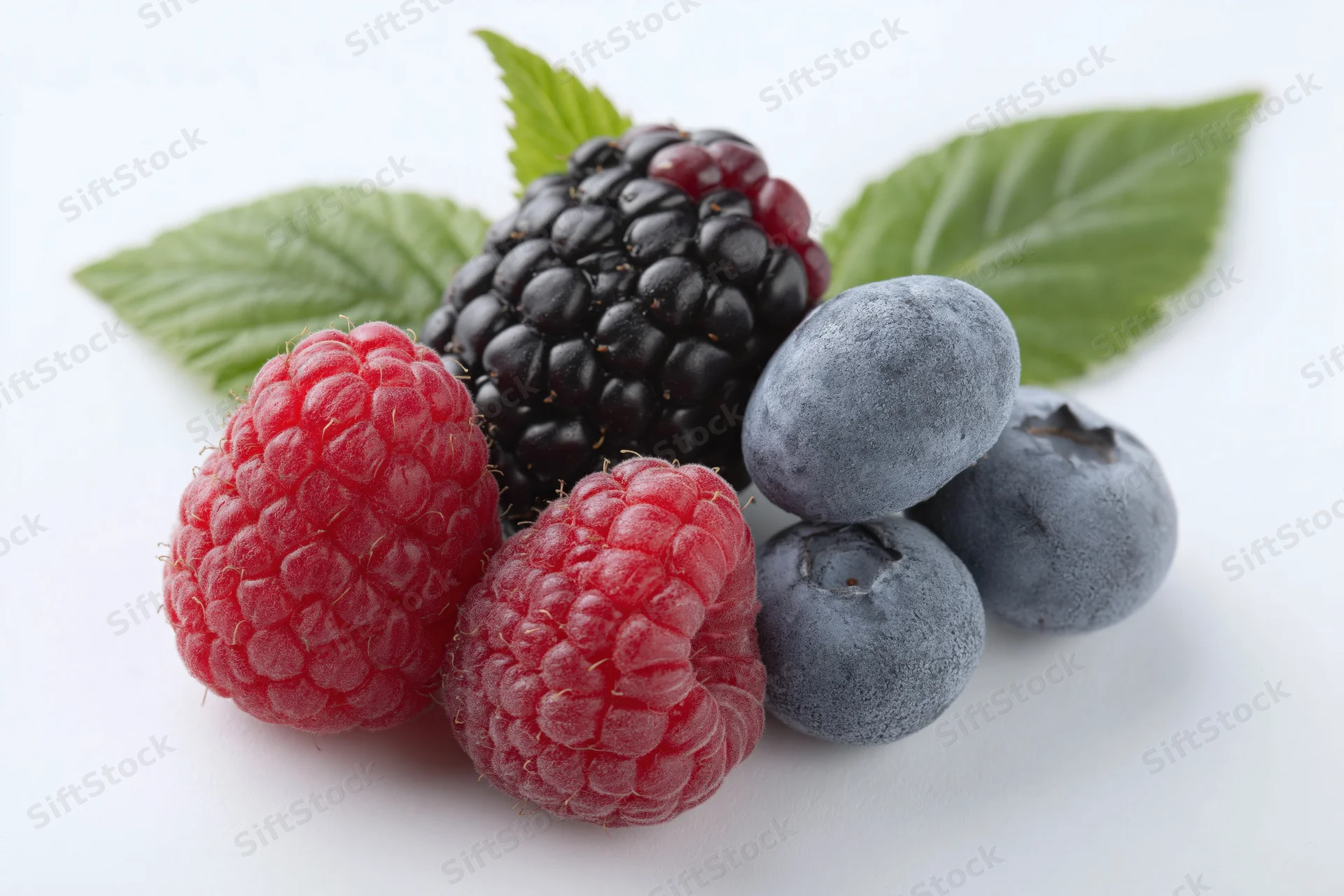 Cluster of fresh raspberries, blackberry and blueberries with green leaves on white background