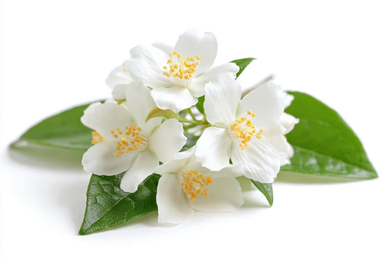 Cluster of white jasmine blossoms with green leaves on white background