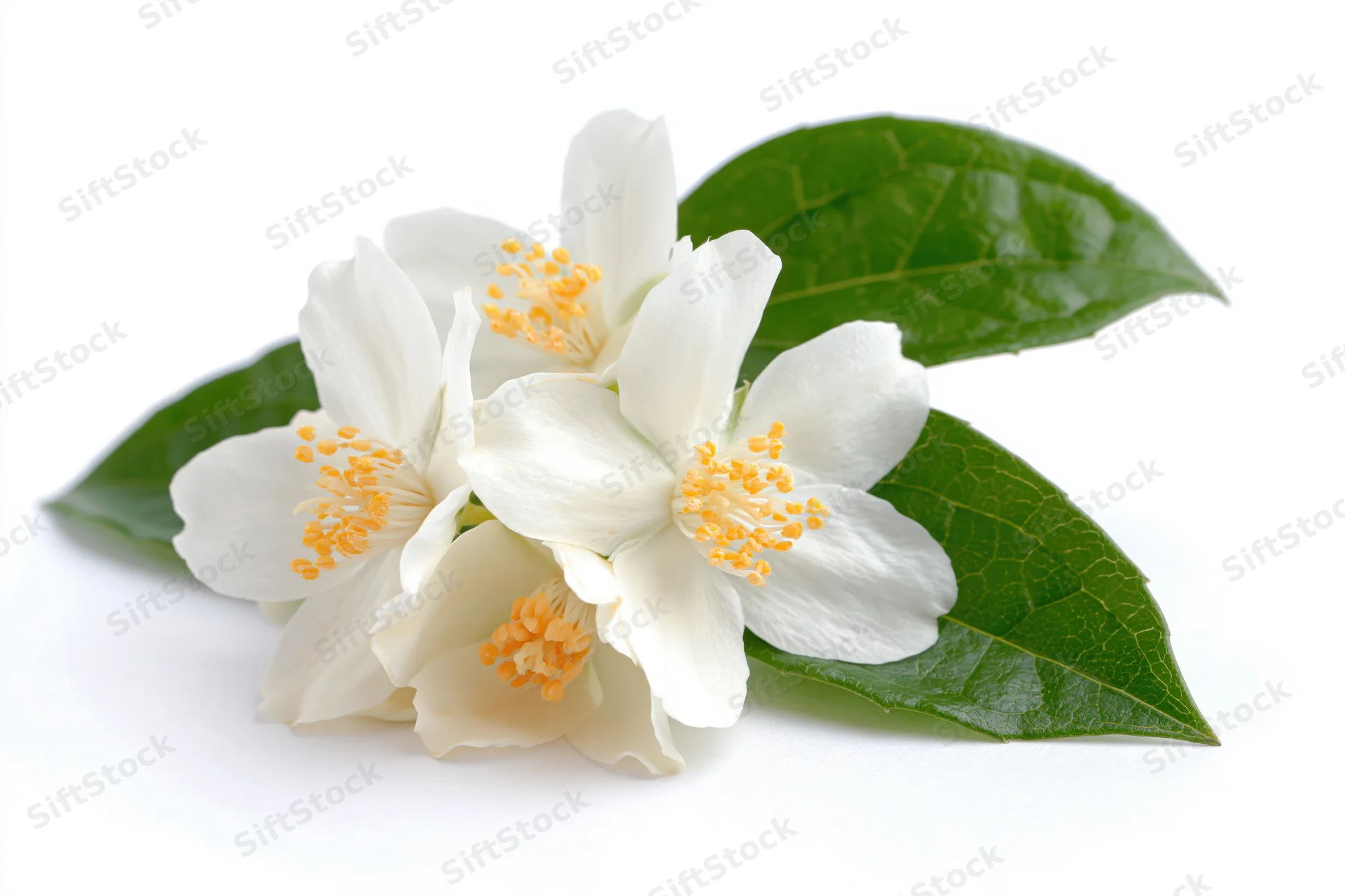 Cluster of white jasmine blossoms with green leaves on white background