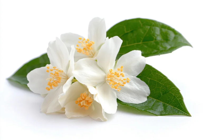 Cluster of white jasmine blossoms with green leaves on white background