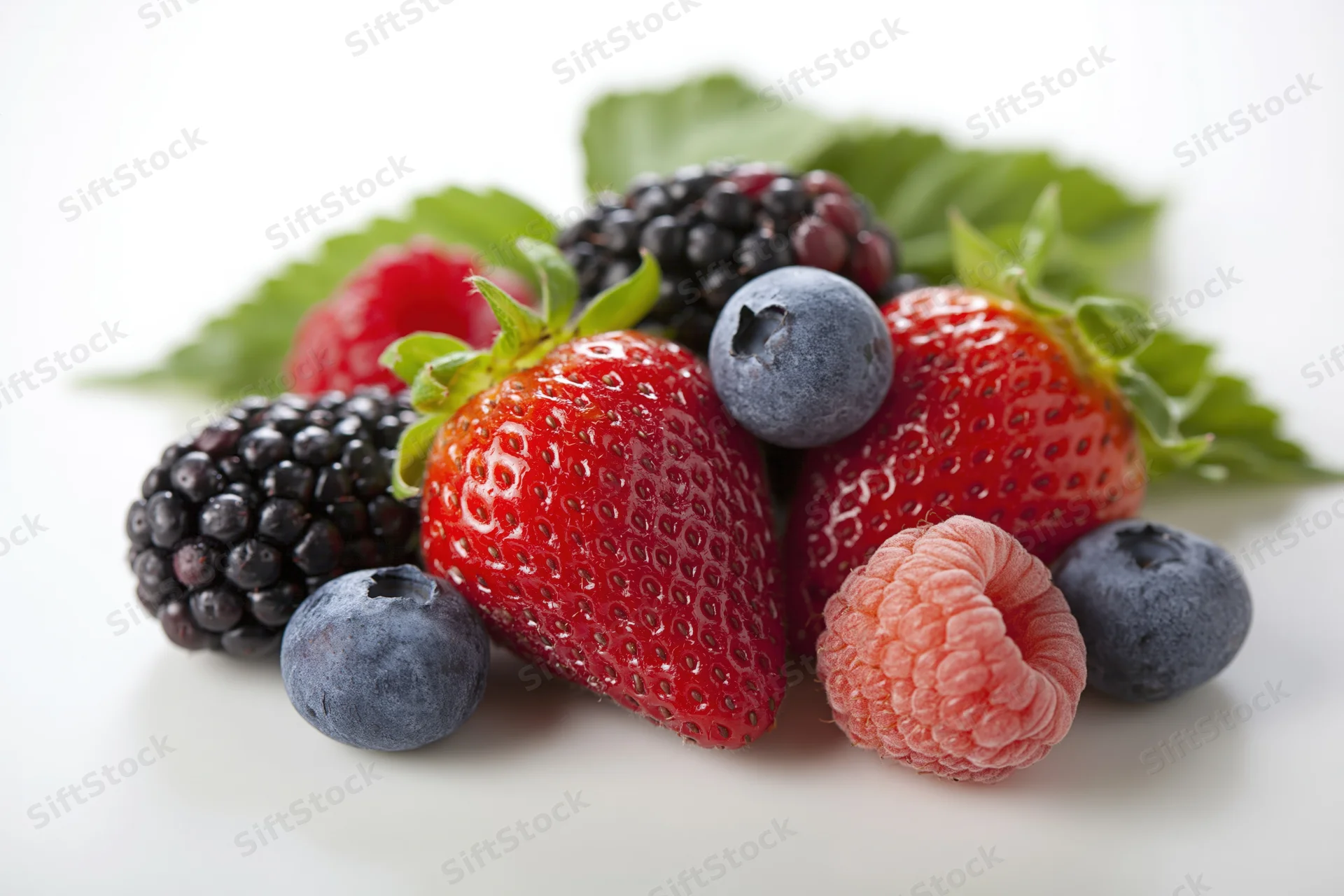 Mixed fresh berries arranged on a white surface with green leaves