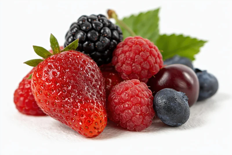 Mixed fresh berries arranged together on white background