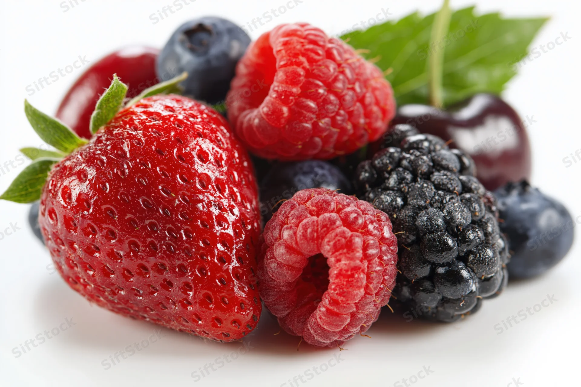 Mixed fresh berries including strawberry raspberry blueberry blackberry and cherry with mint leaf on white background