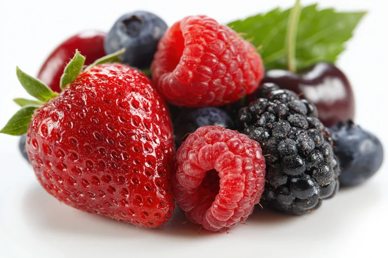 Mixed fresh berries including strawberry raspberry blueberry blackberry and cherry with mint leaf on white background