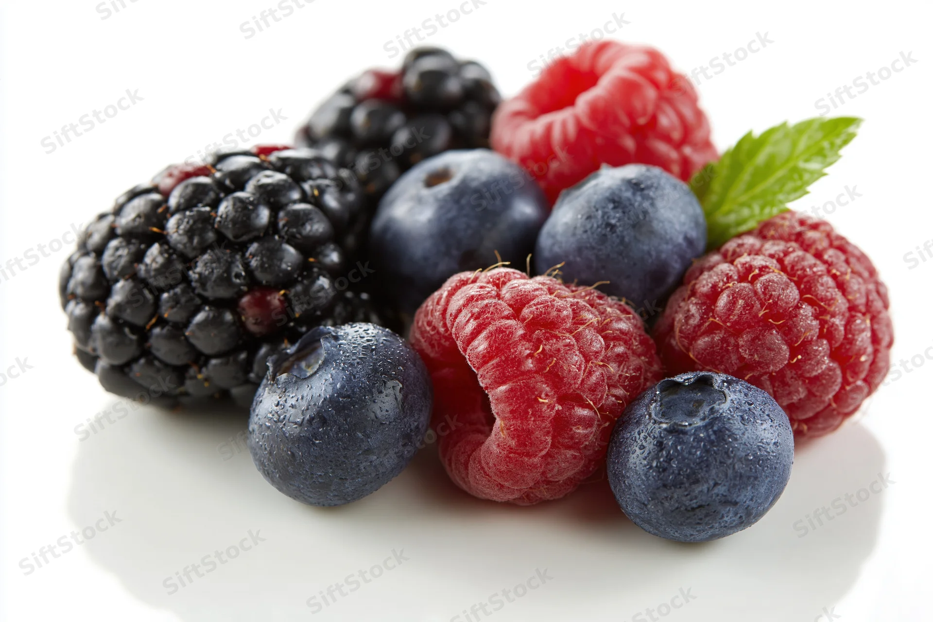 Mixed fresh berries including blackberries raspberries and blueberries on white background