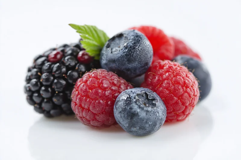 Cluster of fresh blackberries, raspberries and blueberries with a green leaf on white background