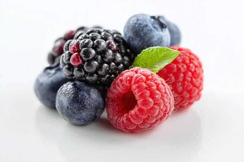 Mixed fresh berries including blackberries, raspberries and blueberries arranged on a white surface with a mint leaf