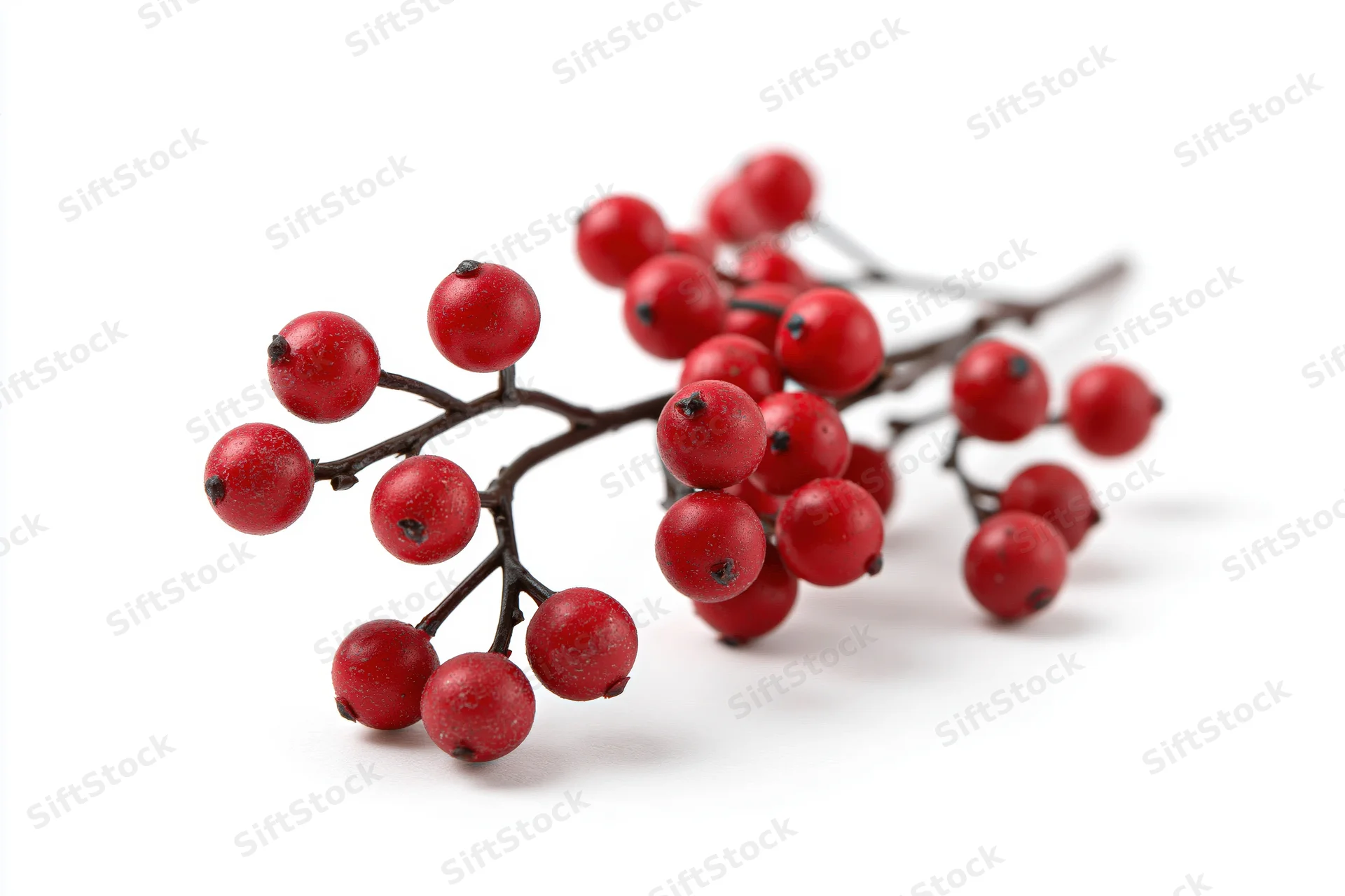 Decorative holly berry branch with clusters of red berries on white background